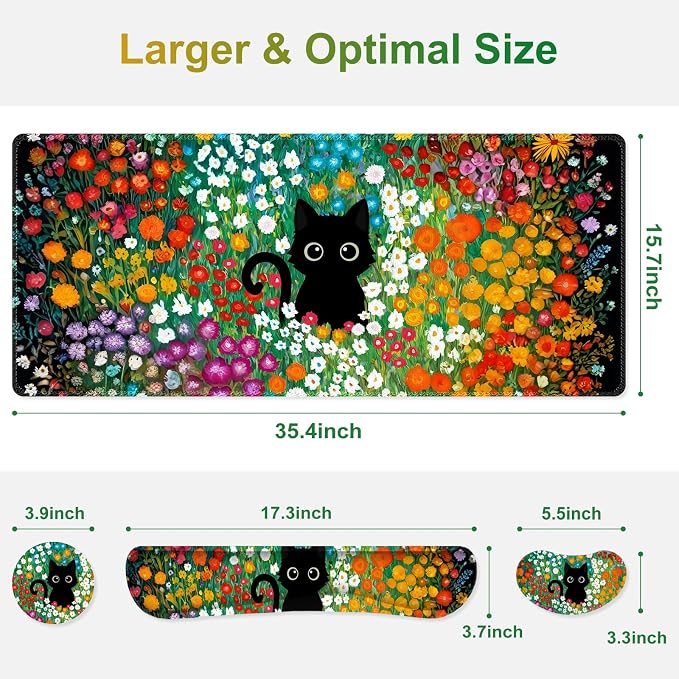 Large Gaming Mouse Pad Set, 4 in1 Ergonomics Keyboard Desk Mat w/Memory Foam Wrist Rest, Computer Extended Game Mousepad, Non-Slip Desk Matt Easy Typing Pain Relief I Multicolored Flower Cat