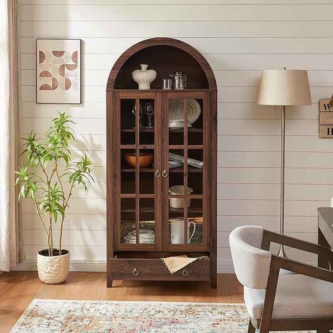 RowyPoey 71" Tall Arched Cabinet Bookshelf with Glass Door & Storage Drawer | Modern Farmhouse Display Cabinet,Adjustable Shelves,Wood Kitchen Pantry for Dining Room,Living Room,Office,Walnut,2 Pack