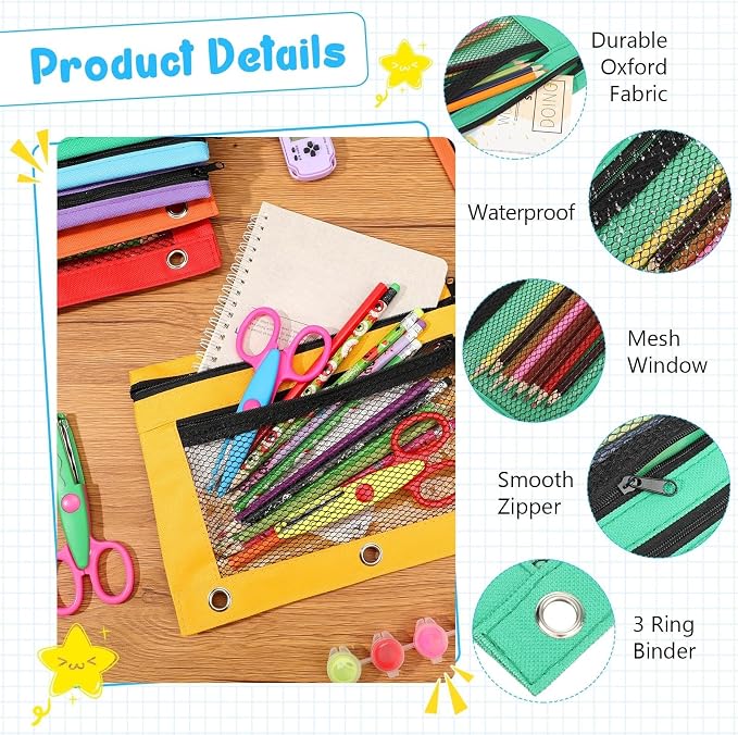 Zhehao 20 Pcs Pencil Pouch 10.24 x 7.28 Inch 3 Ring Binder Zipper Pouches Pencil Bags with Mesh Window Binder Pencil Case for Office School Students Supplies (Multicolor)