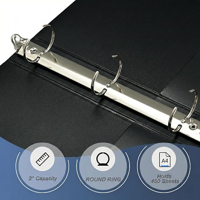 2 Inch 3 Ring Binders, 6 Pack Black Clear View Binders with 2 Interior Pockets, Round Ring Binder Holds 450 Sheets of 8.5 x 11 Inch Paper for Manuals, Records and Projects