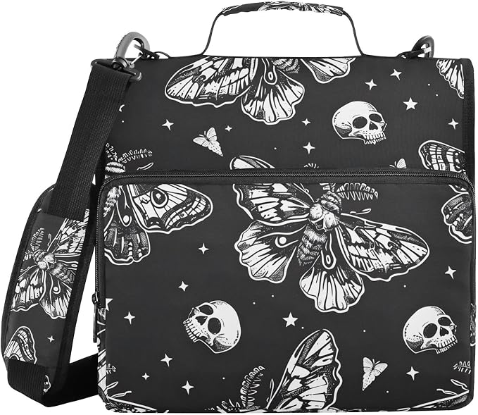3 Ring Zipper Binder with Shoulder Strap Skull Moon Moth Black Skeleton 1.5 inch Binders Keeper Large Capacity Multi Pockets for School Office Supplies