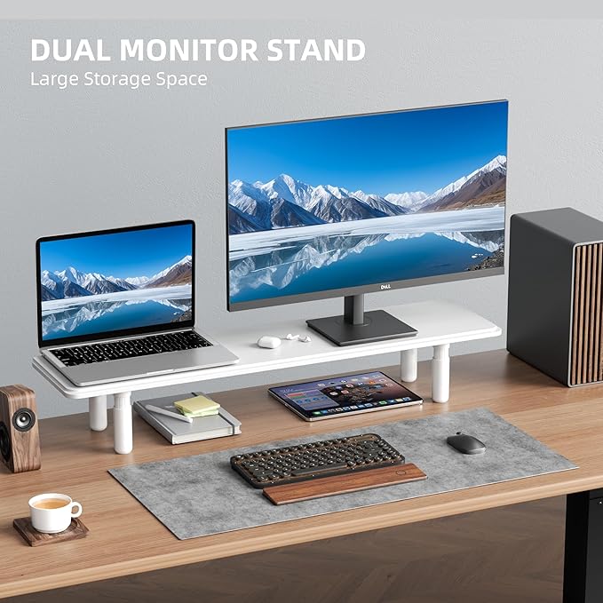 AFOOYO Dual Monitor Stand for Desk, Adjustable Height Wood Computer Riser, Ergonomic Monitor Shelf for Laptop, Printer, TV, Black - Large Storage Space, Sturdy Desk Organizer for Home & Office,White