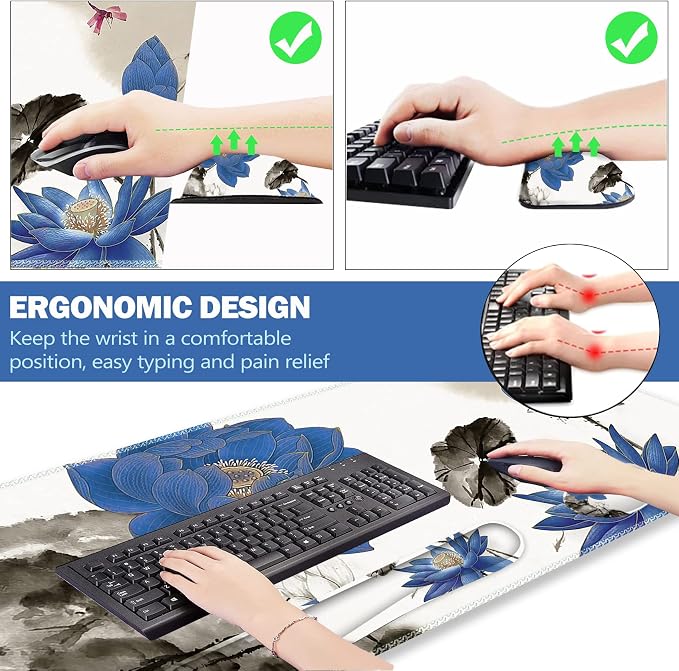 Extended Gaming Mouse Pad Set, Keyboard Wrist Rest Support Pad + Wrist Cushion + XXL Large Mouse Pad + Coaster, Stitched Edge, Non-Slip, Memory Foam Desk Mat, Blue Lotus Ink Painting
