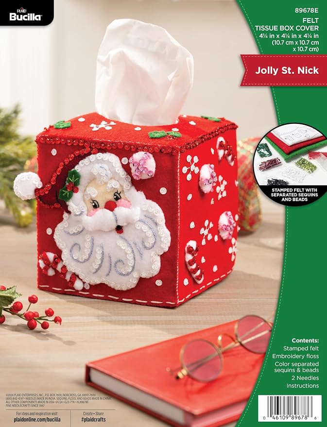 Bucilla Felt Applique Tissue Box Cover Kit, Jolly St. Nick, Perfect for Holiday DIY Arts and Crafts, 89678E