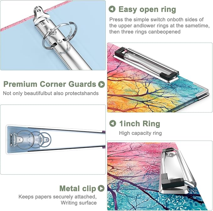 Rouidr Mini 3 Ring Binder with clipboard, 1 inch Round Binder Organizer, 8.5"x5.5" Cute Binder with 5 Dividers Tabs & Clear Sleeves, School Supplies, Office Supplies