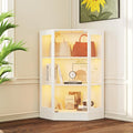 Corner Display Cabinet with Glass Doors, 3-Tier Curio Cabinets with RGB Lights, 42" Display Case with Wood Shelves for Collectibles, White