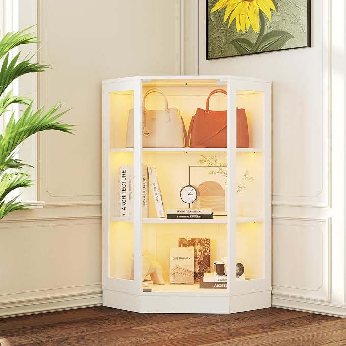 Corner Display Cabinet with Glass Doors, 3-Tier Curio Cabinets with RGB Lights, 42" Display Case with Wood Shelves for Collectibles, White