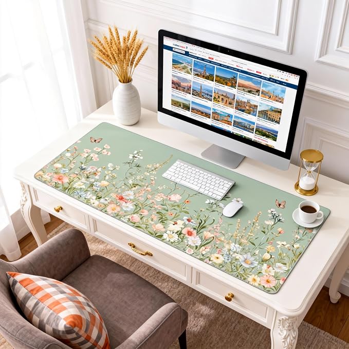 Cute Floral Aesthetic Wildflower Gaming Mouse Pad, Sky Blue Macaron Desk Mat with Anti-Slip Base & Stitched Edges, Computer Keyboard & Laptop Pad, 35.4" x 15.7" in in Workstation Accessories