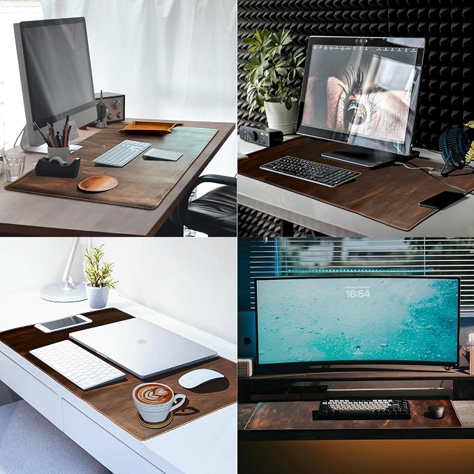 Leather Desk Mat Set (32x16) - Full Grain Large Computer Gaming Mouse Pad | Non-Slip, Table Cover Blotter Protector, Smooth Control, Stitched Edges, Desktop Laptop Accessory with Valet Tray & Coaster