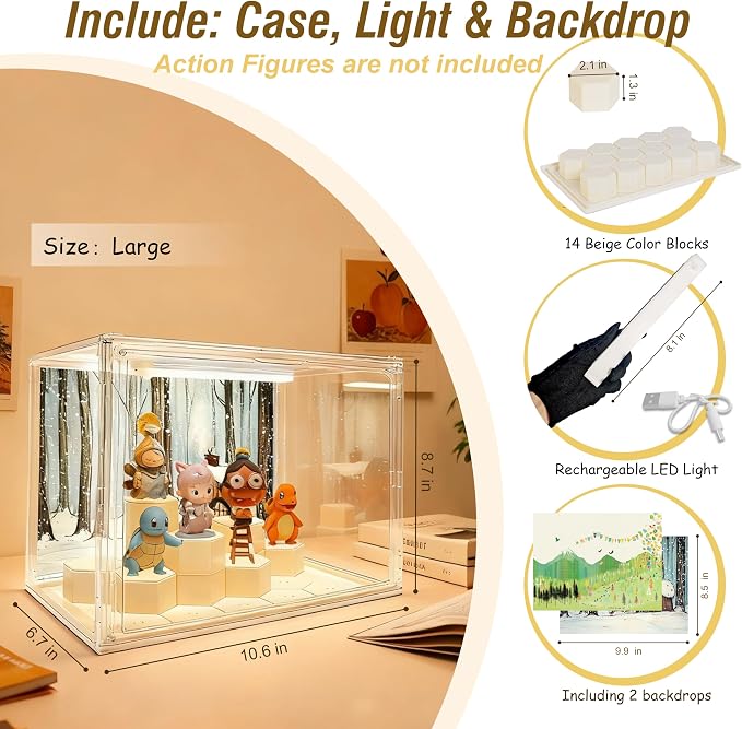 Clear Acrylic Display Cases for Collectibles with LED Light,DIY Scene, with Backdrop, No Dust , No Moisture, for Figures Collection Display Cabinet (27*17*22cm/10.6×6.7×8.6 in)