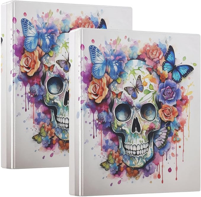 Custom 3 Ring Binder Skull Flowers Butterflies 1.5" Round Ring Binders Personalized Name View Binder with 200 Sheet for Women Men Office Kids School Supplies, 1 Pack