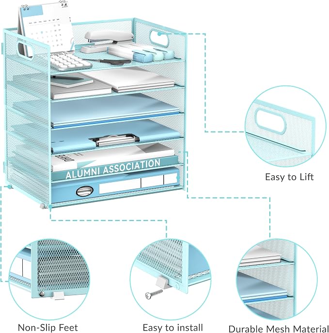 Daltack 6-Tier Paper Organizer for Desk with Handle, Blue, 2 Pack | Sturdy Metal Mesh Organizer with Movable Middle Trays and a Carry Handle for Papers, Folders and Office Supplies