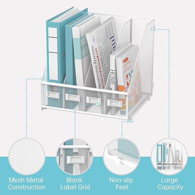 4-Compartment Magazine File Holder and File Organizer for Desk, White | Metal Magazine Holder and Magazine File Holder, 4-Compartment File Organizer for Binders Folders Magazines and Paper