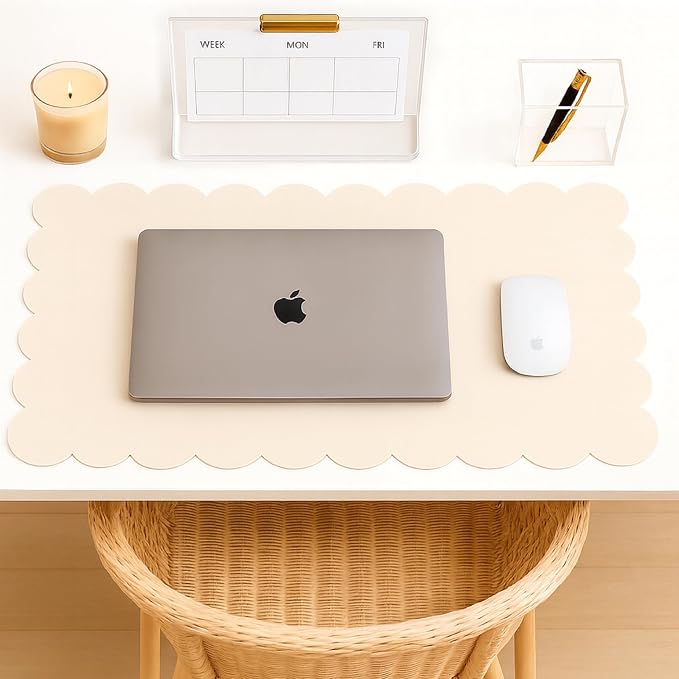 Orelle Scalloped Desk Mat | Vegan Leather Desk Mat for Keyboard and Mouse, Laptop, Makeup Vanity | Computer Desk Pad Mat | Office Desk Cover Mat | Desk Blotter Mat | 30 x 15” | Cream