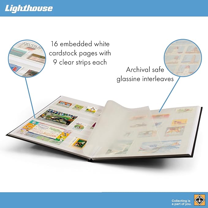 LIGHTHOUSE – “BASIC” Hard Cover Stockbook for Stamps – 16 White Cardstock 9”x12” (A4) Pages with Glassine Strips - Red