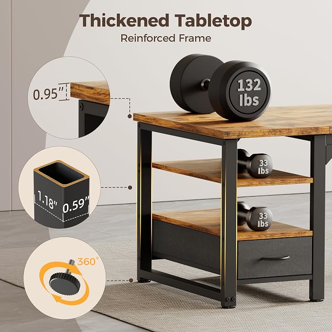 54 in Computer Desk with Drawer, 1" Thick Reversible Office Desk | Large Modern Writing Table with Storage Shelves, Heavy Duty Industrial Executive Desk for Home Bedroom Study Work