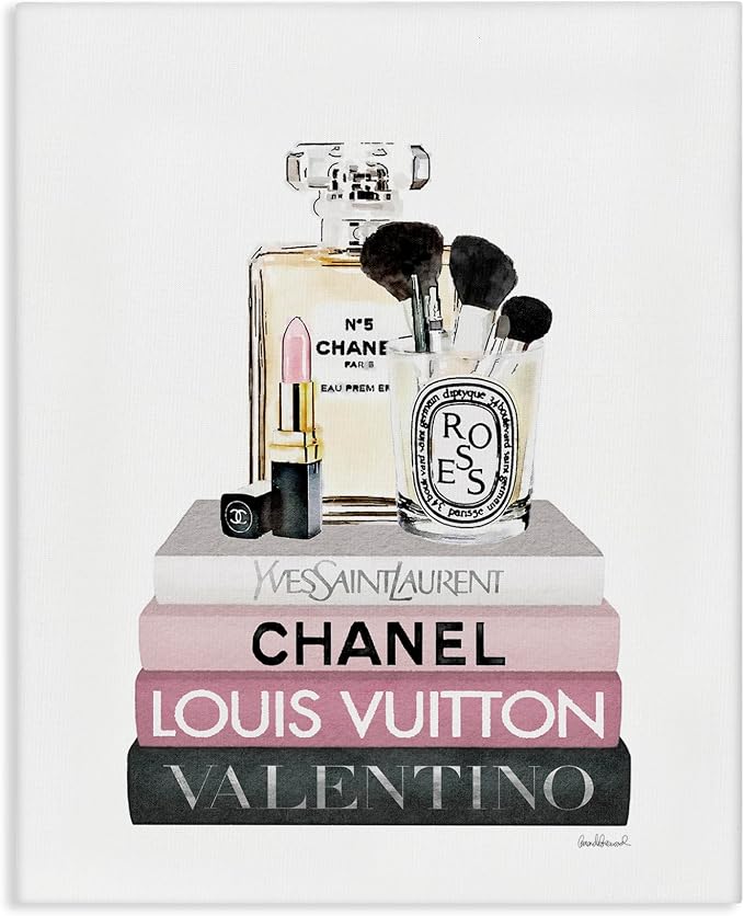 Stupell Industries 'Cosmetics on Pink Books'| Canvas Art | Stupell Industries | 16 x 20 Inches, Easy to Hang and Sturdy, Made in USA, by Amanda Greenwood