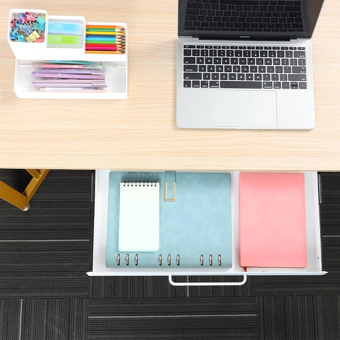 Under Desk Drawer 21" with 4 Divider Trays, Storage Drawer Organizer | White, Under Counter, Desk Accessory, Attachable for Workbench, Adjustable Brackets, for Desk Lip with Crossbar, Clamp Mount
