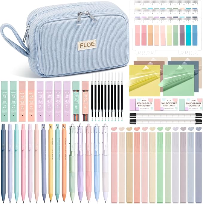 62PCS Aesthetic School Supplies Cute Back to School Supplies Stationary Set | College Preppy Essentials Kit with Large Pencil Pouch Case, Pastel Highlighters Gel Pens Mechanical Pencils for Student Girls