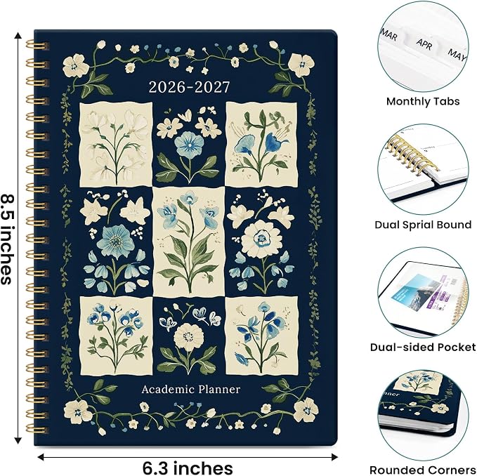 Planner 2026-2027, Academic Year Monthly & Weekly Planner Caledndar, July 2026 - June 2027, Hardcover Large Planning Agenda Book with Tabs for School Office Supplies, 6.3" x 8.5" - Blue Patchwork