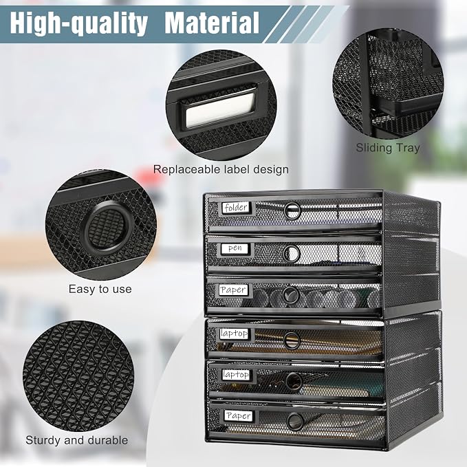 Zhanmai 2 Pack Black Desk Organizer with Drawer Total Wire Mesh Storage Tray Multifunctional Paper Sorter File Stand for Home Office Supplies Letter A4 Paper Office Accessories Back to School (3 Tier)