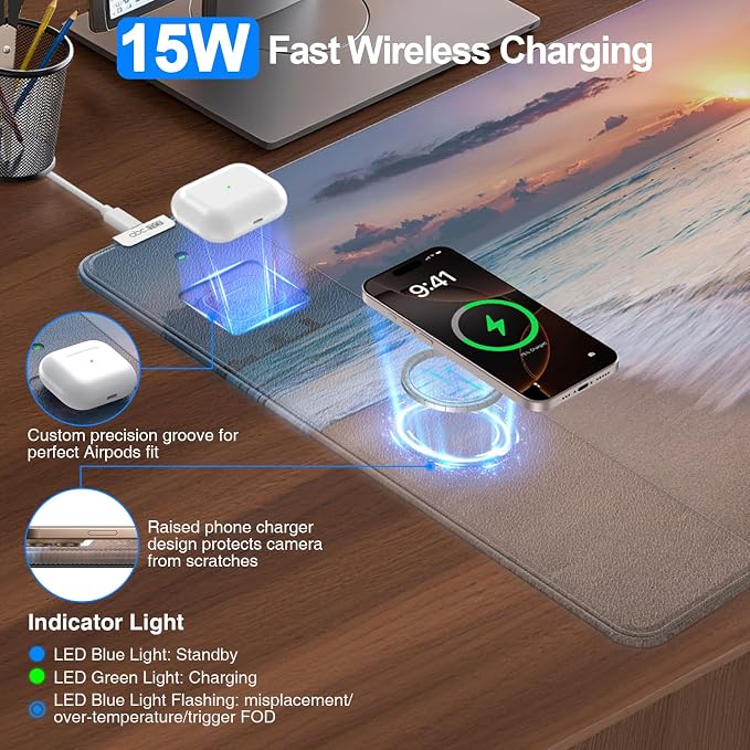 Mouse Pad with Magnetic Wireless Charging, 31.5"x15.8" in, Beach Sunset | Gaming Desk Mat for Keyboard/Laptop, Waterproof Easy Gliding Surface, Non-Slip Base, Durable Stitched Edge