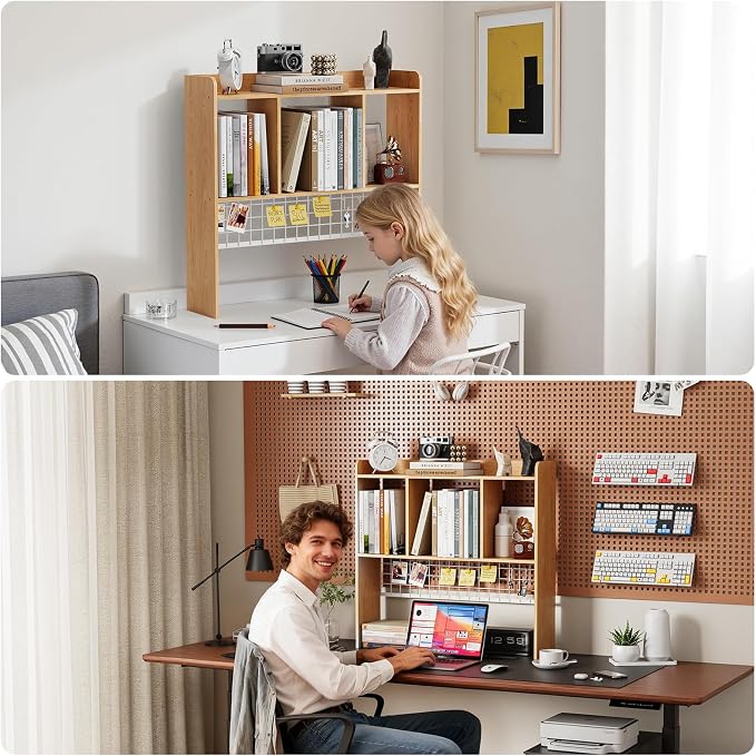 Desktop Bookshelf,Countertop Storage Hutch with 3 Shelves for Computer Desk，2-Tier Display Rack with Grid Panel, Multipurpose Wood Desk Hutch Storage Organizer for Home Office Dorm (Natural)