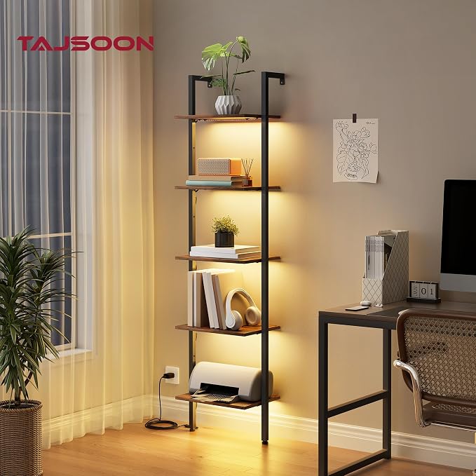 5 Tier Ladder Bookshelf with Light, Wall Ladder Shelf Rustic Brown