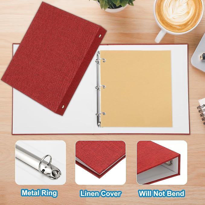 PATIKIL A5 Size 3 Ring Binder,1Pcs 1 Inch Round Ring Durable Linen Hardcover Binder Fit for Paper Recipe Photo Office, Red