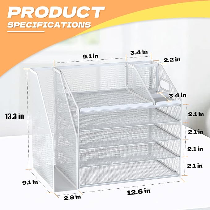 DocNest 5 Tier Metal Mesh Desk File Organizer with Phone Shelf, White | Desktop letter tray sorter features a 9.1x9.1 inch top phone holder, built-in sticky note compartment and pen holder