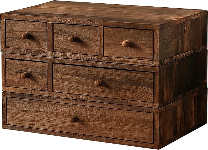 Stackable 3-Piece Set - Wood Desk Organizer with Drawers – Desktop Organization for Office, Crafts, Makeup, Sewing, Emboridery DMC Floss & Small Accessories – Rustic Storage Box with 6 Slots
