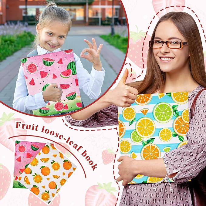 Fainne 4 Pcs Fruit 3 Ring Binder Cute Binder Lemons Strawberry Watermelon Orange Decorative Round Ring with Interior Pockets for School Office A4 Paper, 9.84 x 1.57 x 12 Inch
