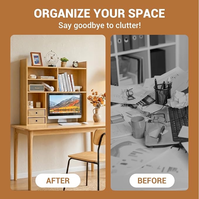 deli Desktop Bookshelf, High-Capacity Desk Hutch Organizer, Natural | with 7 Shelves and 2 Drawers for Computer Desk, Desk Shelf Organizer for Dorm Office Home