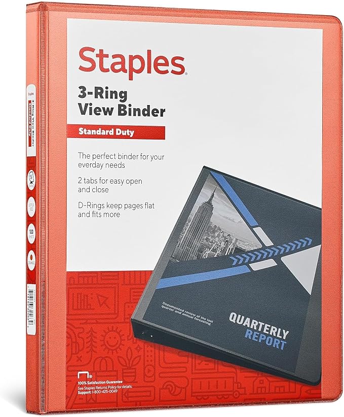 Staples Standard 0.5-Inch 3-Ring View Binder, Holds Up to 100 Sheets, Orange, Slim Binder for Office, School & Home