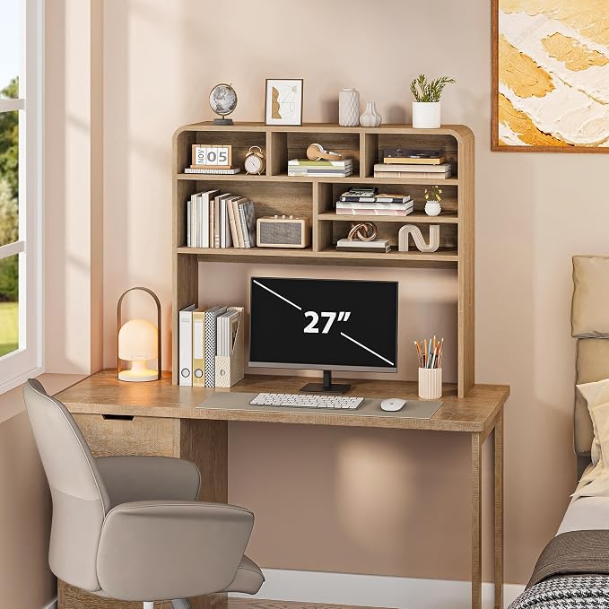5-Tier Desk Shelf, 37.4''W Desktop Bookshelf for Computer Monitor | Desktop Organizer Shelf Storage Rack with 6 Cubbies, 5-Level Desk Hutch Display Rack for Home, Office, Dorm, Vanity, Natural