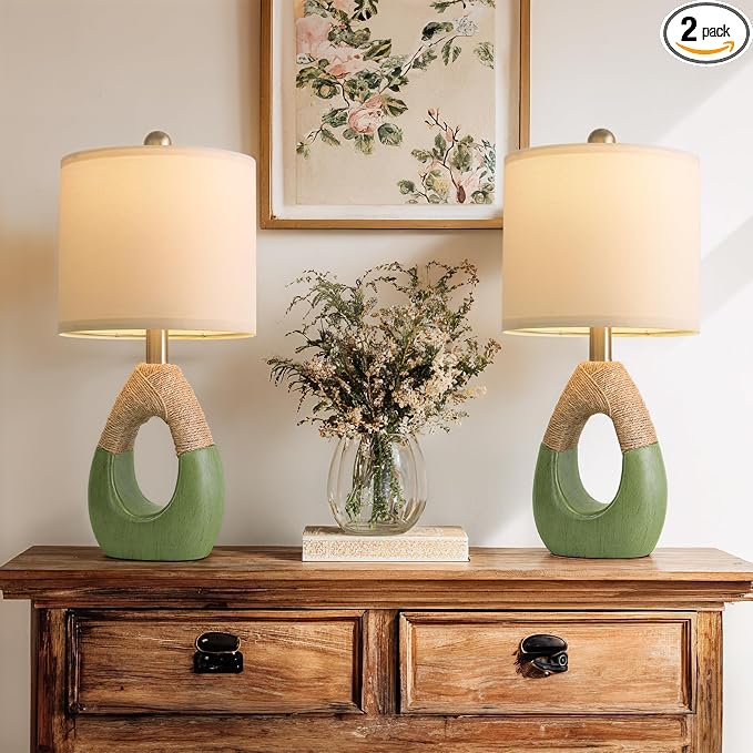 19" Table Lamps Set of 2, Bedside Lamps for Living Room, Lamps for Bedroom, Farmhouse Rattan Table Lamp, Small Space Nightstand Lighting, Rustic Home Office Decor (Green, Bulb Not Included)