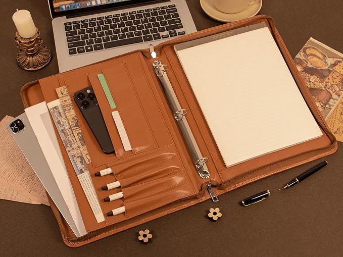 AZXCG Zipper Portfolio Padfolio Binder,3 Ring Padfolio for Women and Men,Business Portfolio Organizer for Women with A4 Writing Pad Holder,Business Portfolio for Meeting,Business,School,Work