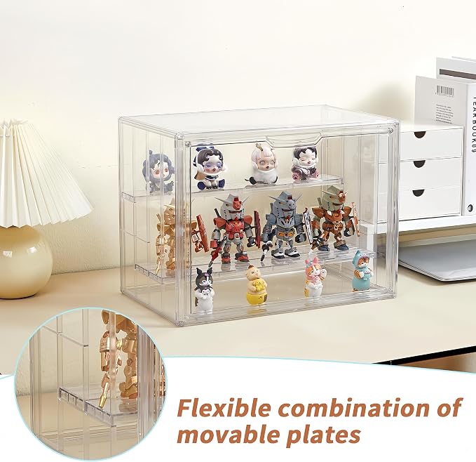 Clear Acrylic Display Case for Figures 4 Layer Figure Display Shelf with 3 Movable Plate Stackable Display Box with Magnetic Door for Collectibles 1 Pack
