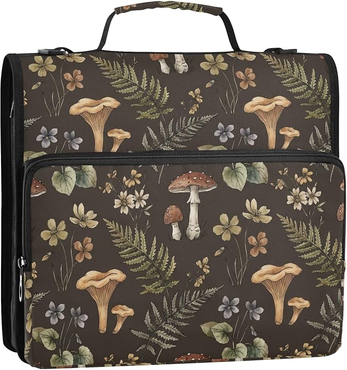 Mushrooms Flowers Brown Print Zipper Binder Bag 3 Ring with Shoulder Strap & Handle Multi Pocket Binder Organizer Bag Large Capacity for School Office Supplies