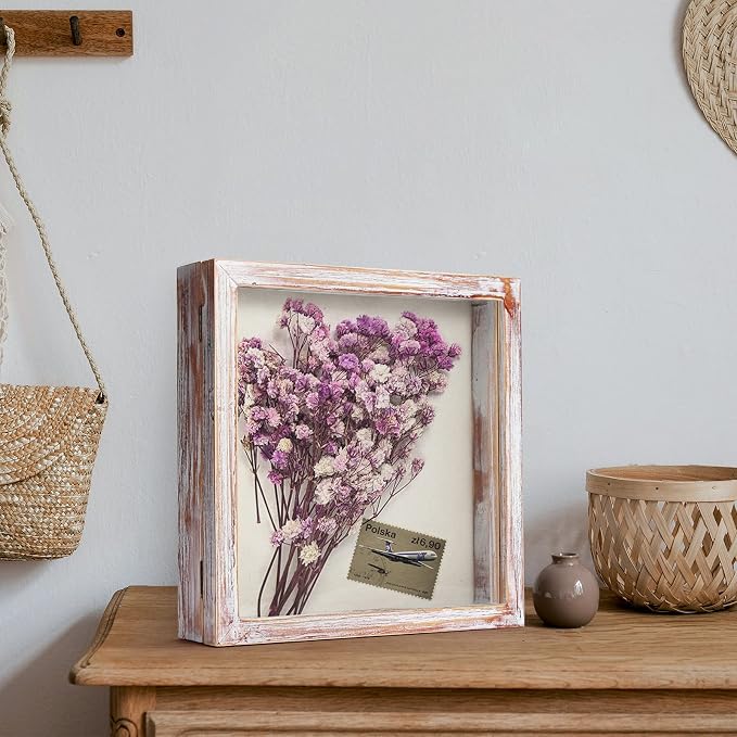 TJ.MOREE Shadow Box 12 x 12 Display Case Wood Picture Frame White Pink | Memory Box with Linen Back for Memorabilia, Bouquet, Military Medals, Pet Memorial Gifts