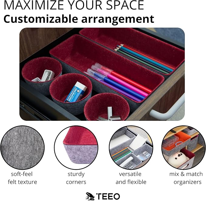 Teeo - Drawer Organizers - Office Supply Organizer - Desktop Drawers - Organizing Containers - Jewelry Tray Makeup Storage Home Dividers Compartment Desk Caddy Cosmetic Bins - Pack of 9, Burgundy