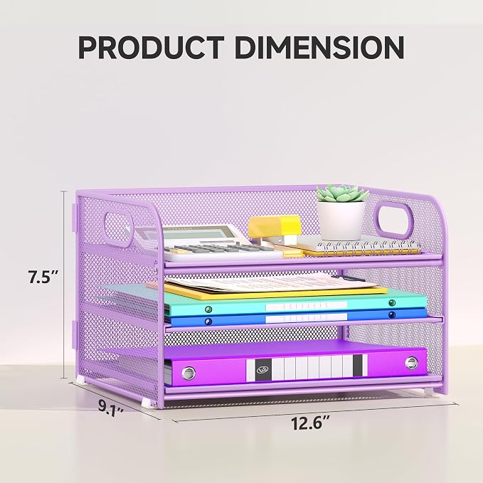 Cawukege 3 Tier Paper Organizer with Handle, Metal Desk Organizer Mesh Paper Letter Tray Desktop File Folder Document Sorter for Classroom, School, Office Accessories Storage (1, Purple)