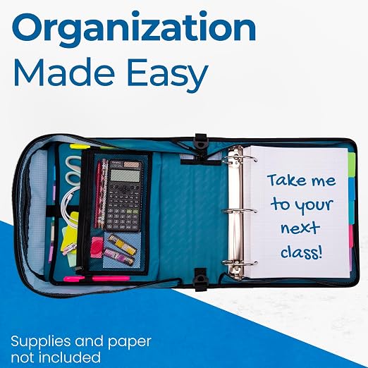 Case-it School Zipper Binder | 3-Inch O-Rings | 600-Sheet | D-146 Wave | Mighty Zip Tab, 5-Subject Expanding File Folder, Multiple Pockets, Storage Organizer, Shoulder Strap, Office