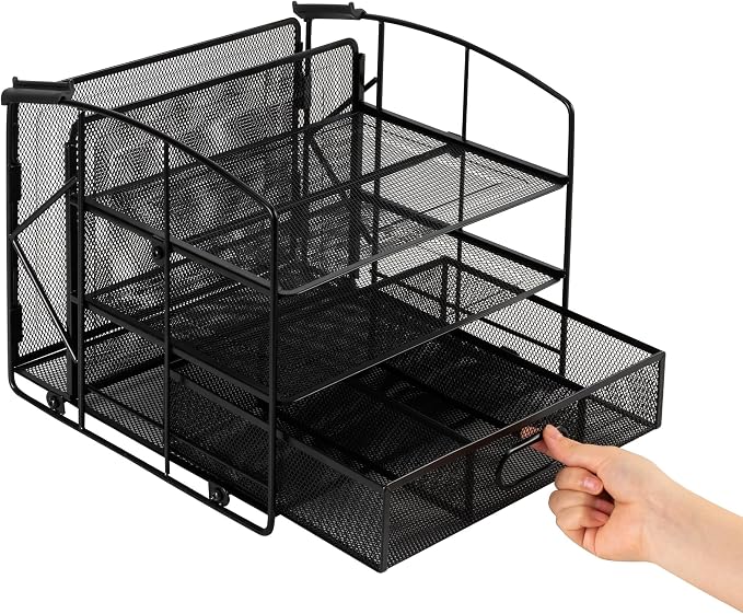 Amazon Basics Sturdy Rectangular Desktop Organizer with 3 Trays, Sliding Drawer and Hanging File Holder for Office Supplies, Black