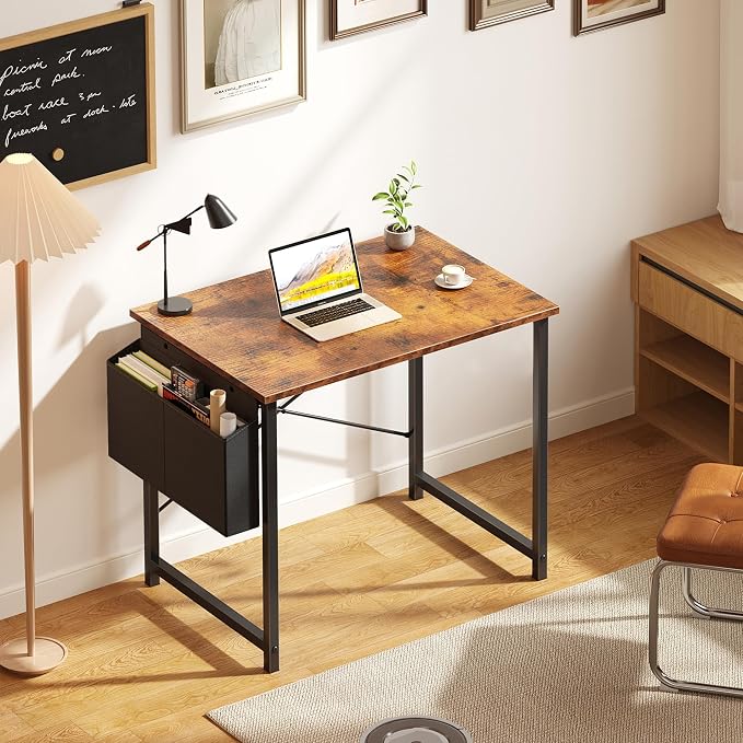 OLIXIS Small Computer Desk, 31 Inch Gaming Desks for Home Office | Writing Study Craft Work Table, Computer Workstation for Bedroom Small Spaces with Storage Bag, Brown