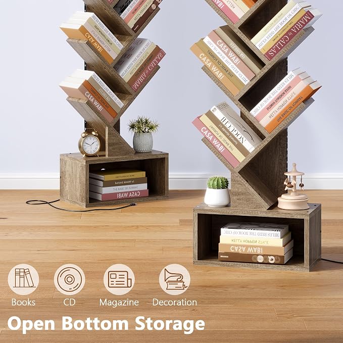 Hoctieon 6 Tier Tree Bookshelf, Tall Bookcase, Freestanding Book Shelf with LED Lights, Display Floor Standing Storage Shelf, Book Organizer Shelves for Home Office, Living Room, Greige