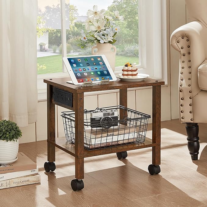 YUFAM 2 Tier Under Desk Printer Stand with Charging Station, Brown | Wooden Small Printer Table for Home Office, Rolling Printer Cart Shelf with Lockable Wheels