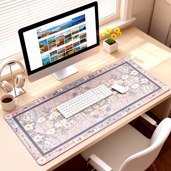 Floral Aesthetic Rose Gaming Mouse Pad, Purple Rug Desk Mat with Anti-Slip Base & Stitched Edges, Office & Home Desk Decor for Women, 35.4" x 15.7" in Computer Desktop Mat