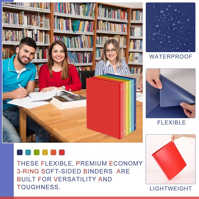 Fulmoon 48 Pack 3 Ring Plastic Binders 1 Inch Bulk with 2 Pockets, Flexible Binder Loose Leaf Hardcover, Fit 12" x 10" US Letter Size Paper, for School Office Home, 6 Colors(Vibrant)