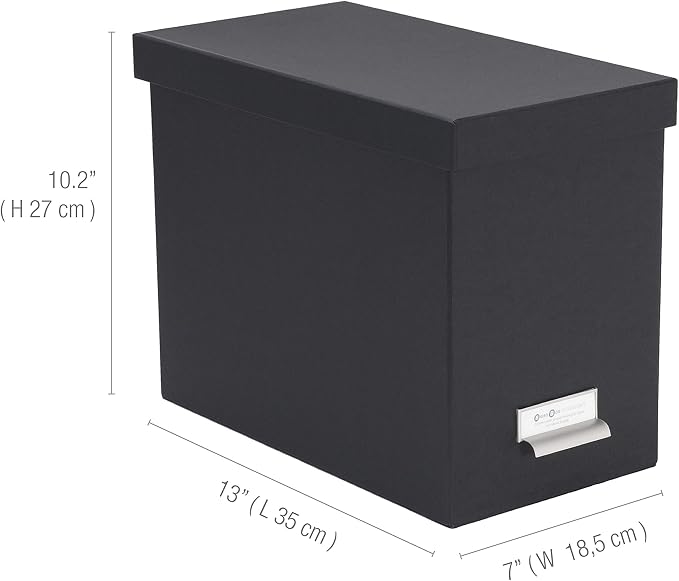 Bigso John Fiberboard Label Frame Desktop File Storage Box - Document Organizer for Important Paperwork - Durable Hanging File Box with a Lid & Metal Label Window - 7.36 x 13.38 x 10.51 in - Dark Grey